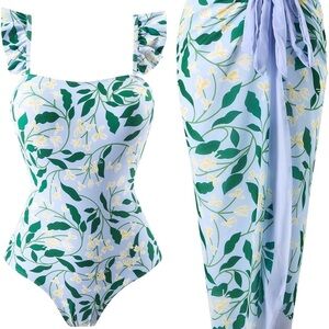 Floral Blue and Green One Piece Swimsuit